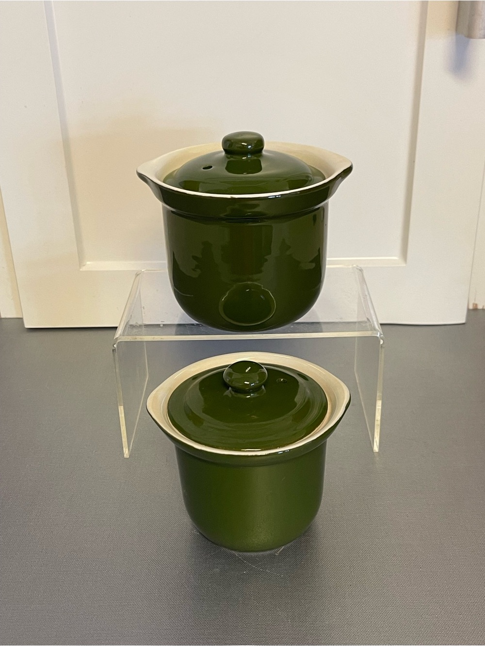 Vintage Hall Pottery Forest Green Handled Marmite Ceramic Lidded Crocks-Set of 2